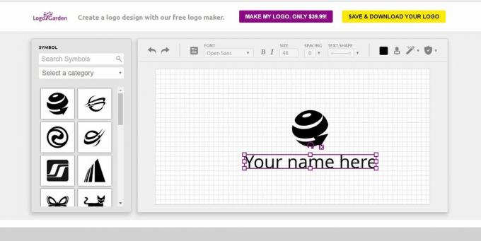 Στιγμιότυπο οθόνης του δωρεάν χώρου σχεδίασης λογότυπου LogoGarden