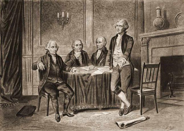 Εικόνα τεσσάρων από τους Αμερικανούς Ιδρυτές Πατέρες, από τα αριστερά, John Adams, Robert Morris, Alexander Hamilton και Thomas Jefferson, 1774.