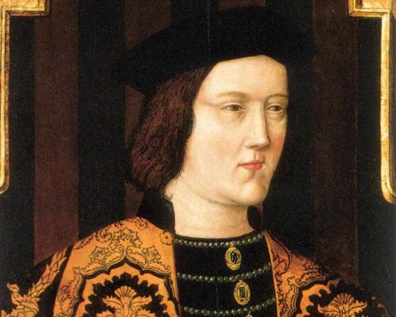 Πορτρέτο του βασιλιά Edward IV σε πορτοκαλί ρόμπες και ένα μαύρο καπέλο.