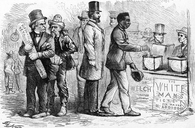 Μάρτιος 1867, Εβδομαδιαία πολιτική γελοιογραφία του Harper's από τον Αμερικανό σκιτσογράφο Thomas Nast, που απεικονίζει έναν Αφροαμερικανό άντρας που ρίχνει την κάλπη του σε μια κάλπη κατά τη διάρκεια των εκλογών στην Τζόρτζταουν καθώς ο Άντριου Τζάκσον και άλλοι κοιτάζουν θυμωμένα.