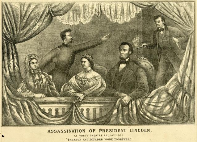 Η δολοφονία του Προέδρου Λίνκολν στο θέατρο της Ford, 14 Απριλίου 1865, όπως απεικονίζεται σε αυτή τη λιθογραφία από τον Η. Η. Lloyd & Co.