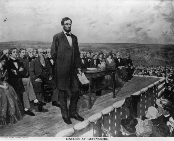 Ο Αβραάμ Λίνκολν, ο 16ος Πρόεδρος των Ηνωμένων Πολιτειών της Αμερικής, εκφωνώντας την περίφημη ομιλία του «Ομιλία στο Γκέτισμπουργκ», 19 Νοεμβρίου 1863.