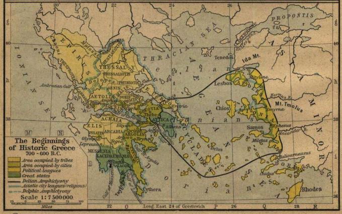 Χάρτης που δείχνει την Ελλάδα γύρω στα 600 με 700 π.Χ. με το Αιγαίο και τη Μικρά Ασία.