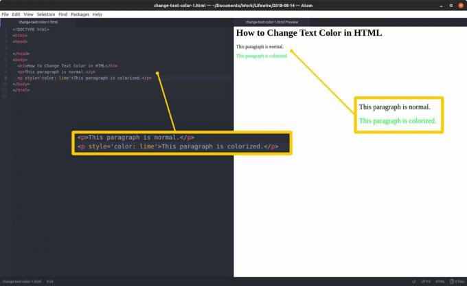 Πρόγραμμα επεξεργασίας κώδικα με HTML και επισημασμένες ενότητες στα αριστερά και προεπισκόπηση HTML και επισημασμένα αποτελέσματα στα δεξιά