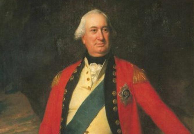 Ο υπολοχαγός Λόρδος Charles Cornwallis στέκεται με μια κόκκινη στολή του βρετανικού στρατού.