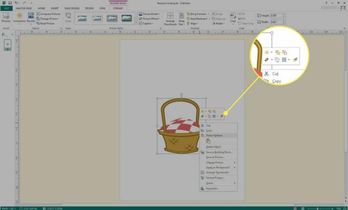 Ένα στιγμιότυπο οθόνης του Microsoft Publisher με επισημασμένες τις επιλογές εικόνας