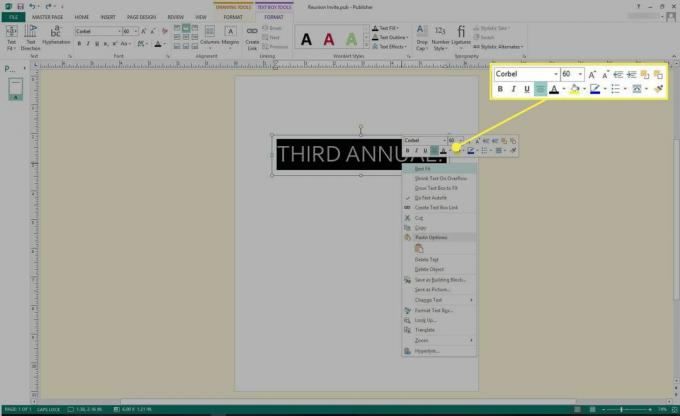 Ένα στιγμιότυπο οθόνης του Microsoft Publisher με επισημασμένα τα εργαλεία μορφοποίησης κειμένου