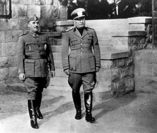 Ο Ισπανός αυταρχικός ηγέτης Φρανσίσκο Φράνκο (αριστερά) με τον Ιταλό δικτάτορα Μπενίτο Μουσολίνι, 4 Μαρτίου 1944