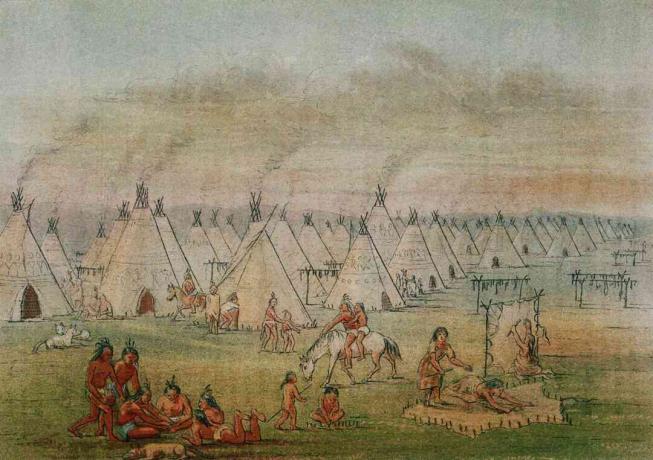 Χαρακτική ενός χωριού Comanche από τον George Catlin