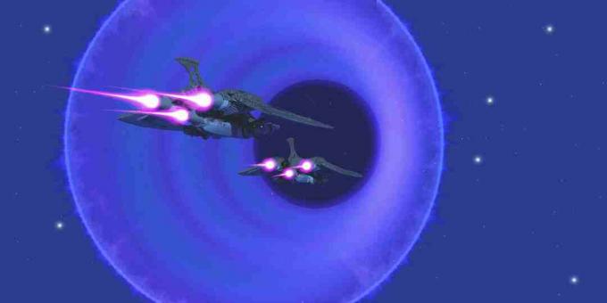 Καλλιτεχνική απεικόνιση δύο διαστημοπλοίων ενάντια σε έναν καταγάλανο νυχτερινό ουρανό, με κύκλους ενέργειας που απεικονίζουν μια σκουληκότρυπα μέσα από το διάστημα.