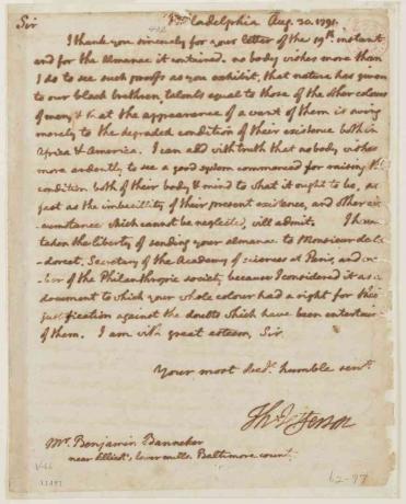 Επιστολή του Thomas Jefferson το 1791 προς τον Benjamin Banneker