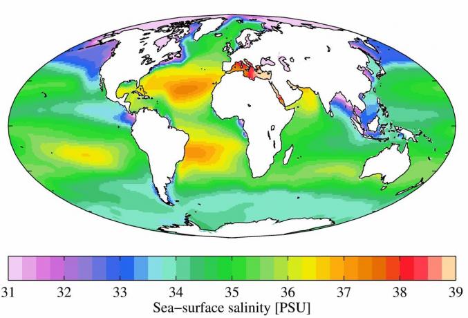 Ετήσια μέση αλατότητα της θαλάσσιας επιφάνειας από τον Παγκόσμιο Ατλαντικό Ωκεανό του 2009. Η αλατότητα παρατίθεται σε πρακτικές μονάδες αλατότητας (PSU).