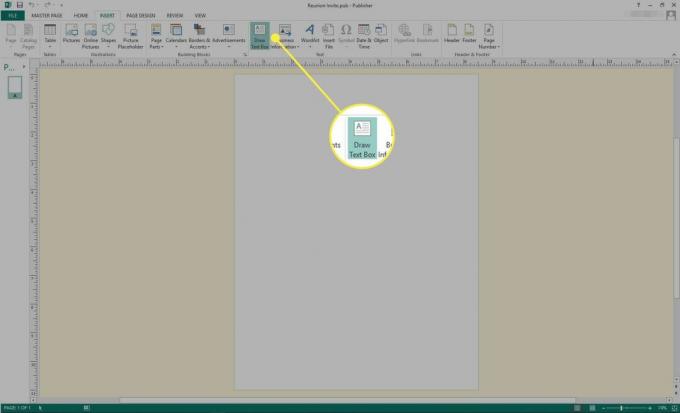 Ένα στιγμιότυπο οθόνης του Microsoft Publisher με επισημασμένη την εντολή Draw Text Box