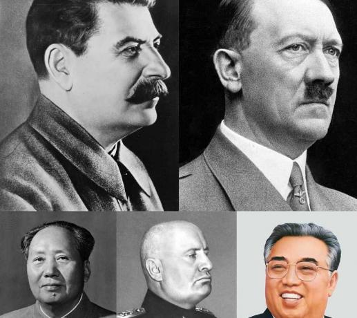 Κολάζ από ολοκληρωτικούς ηγέτες (κάθε σειρά - αριστερά προς τα δεξιά) Joseph Stalin, Adolf Hitler, Mao Zedong, Benito Mussolini και Kim Il-sung.
