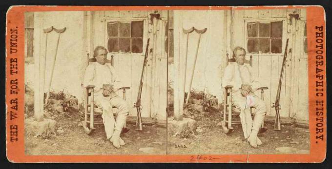 Gettysburg πολιτικός ηγέτης John Burns φωτογραφηθεί από τον Mathew Brady απεικονίζεται σε κάρτα stereoview.