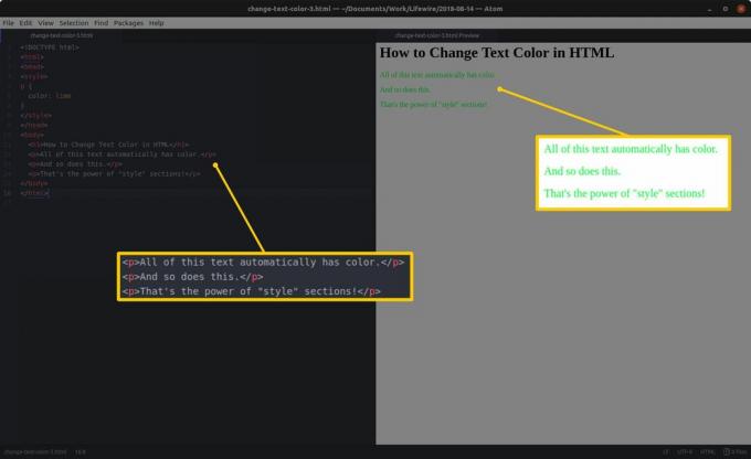 Πρόγραμμα επεξεργασίας κώδικα με HTML και επισημασμένες ενότητες στα αριστερά και προεπισκόπηση HTML και επισημασμένα αποτελέσματα στα δεξιά