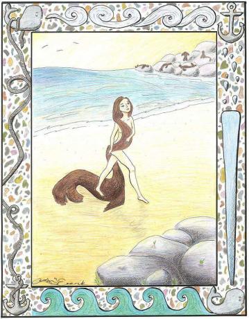 Μια selkie γυναίκα βγαίνει από τη θάλασσα και ρίχνει το δέρμα της φώκιας.