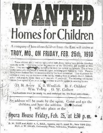 Φέιγ βολάν με ένδειξη «Wanted: Homes for Children» με ημερομηνία 25 Φεβρουαρίου 1910