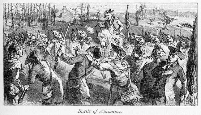 Οι δυνάμεις της πολιτοφυλακής του Κυβερνήτη Tryon πυροβολούν τους Ρυθμιστές κατά τη Μάχη του Alamance, την τελευταία μάχη του Πολέμου του Κανονισμού.