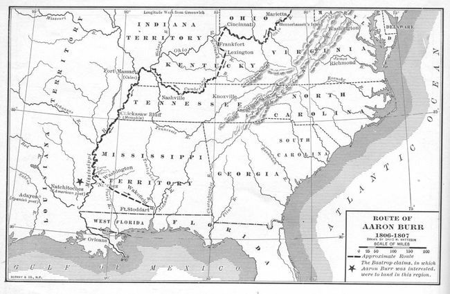 Ο χάρτης απεικονίζει την κατά προσέγγιση διαδρομή του πρώην αντιπροέδρου των ΗΠΑ Aaron Burr κατά τη διάρκεια του ταξιδιού του κάτω από τον ποταμό Μισισιπή σε αυτό που έγινε γνωστό ως η συνωμοσία Burr το 1806-1807